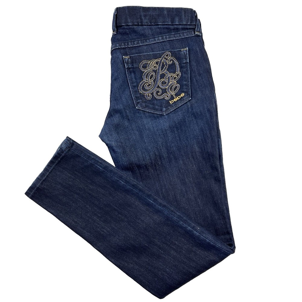 Bebe Premium Denim Skinny Jeans Dark Wash Gold Embroidered Monogram Women Sz 29